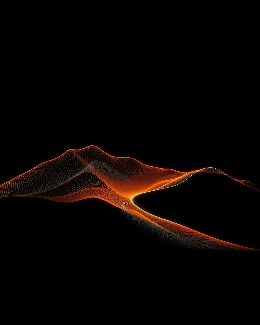 Glowing wireframe loss landscape with a descent trajectory